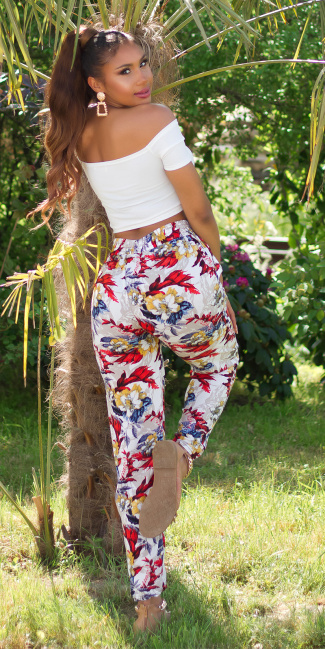 Trendy hoge taille broek met tropical print wit